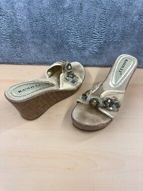 Y2K Rasolli Gold Sequin & Beaded Cork Wedge Sandals